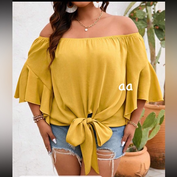 Plus Size Off Shoulder Flutter Butterfly Sleeve Top Blouse Shirt Mustard Yellow - Picture 3 of 3